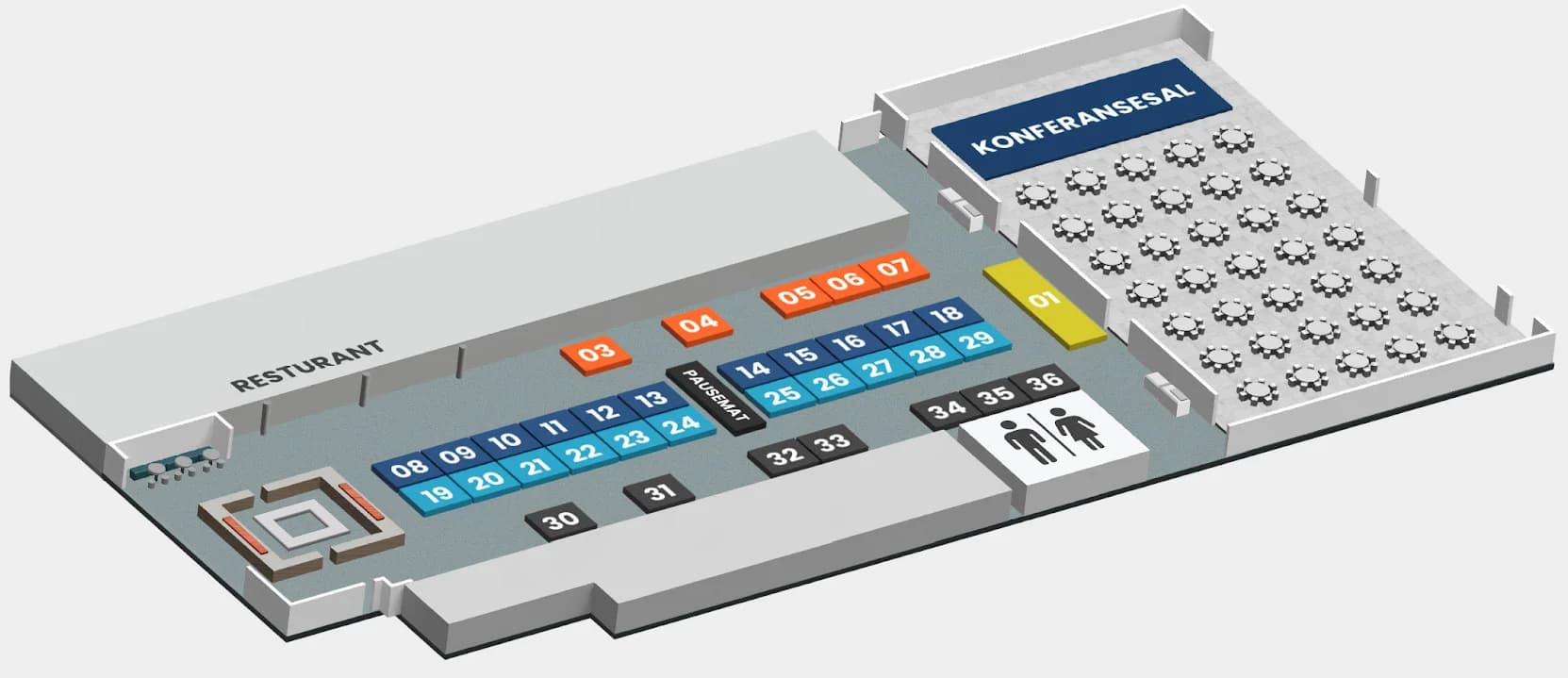 Plankart over utstillingsområdet på OVM 2026 med nummererte stands, registrering, kaffeområde og konferansesal.